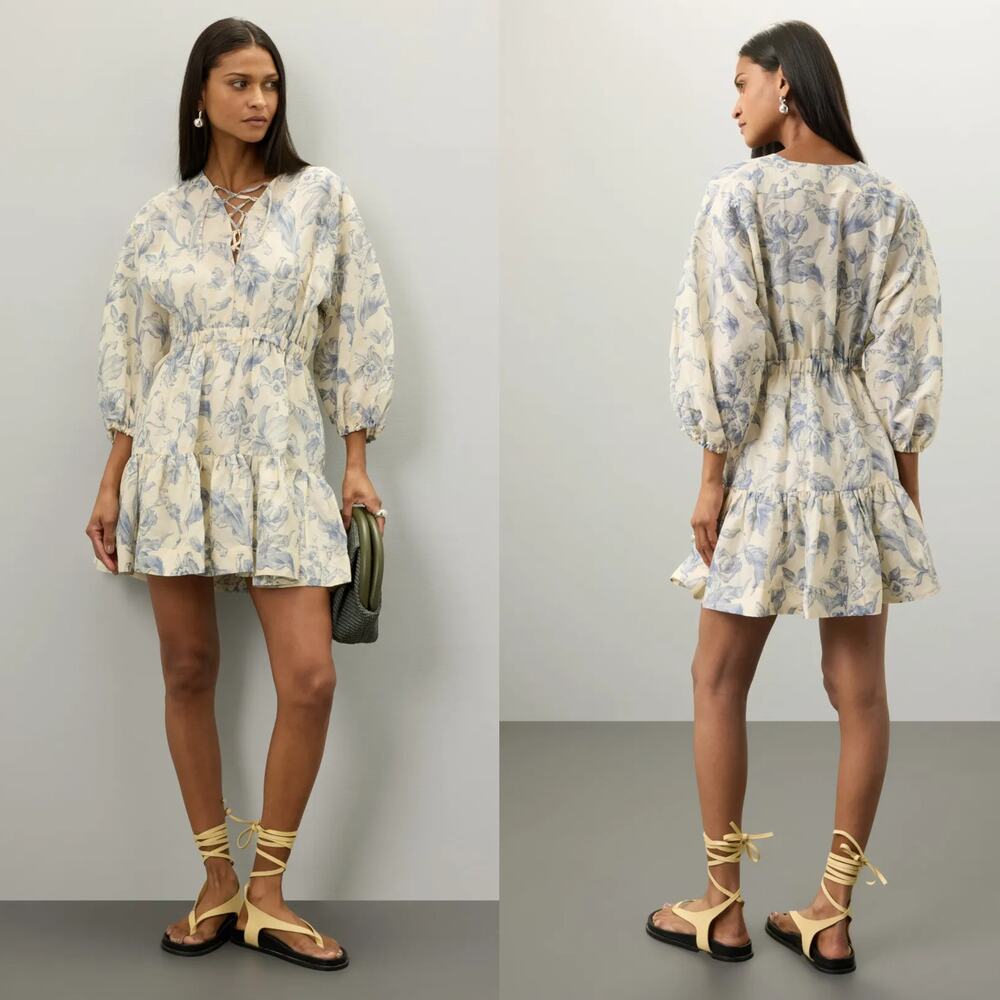 Sandro Josella Dress Linen Blend Floral Puff Sleeve Mini Ecru Blue FR 40 US 8 - Picture 2 of 10